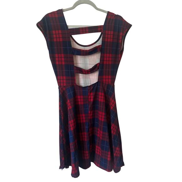 Rue21 Red & Navy Plaid Fit & Flare Skater Dress Large Cut-Out Back Stretchy Knit - Picture 2 of 5